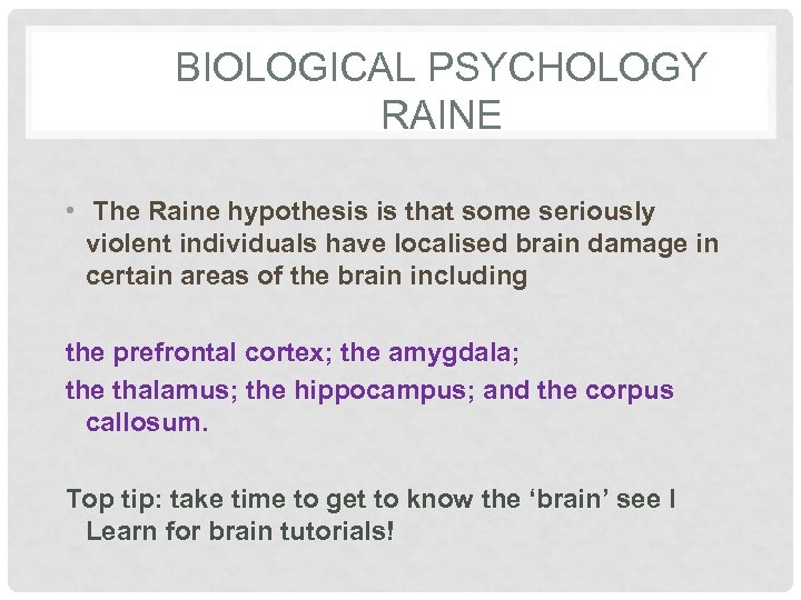 BIOLOGICAL PSYCHOLOGY RAINE • The Raine hypothesis is that some seriously violent individuals have