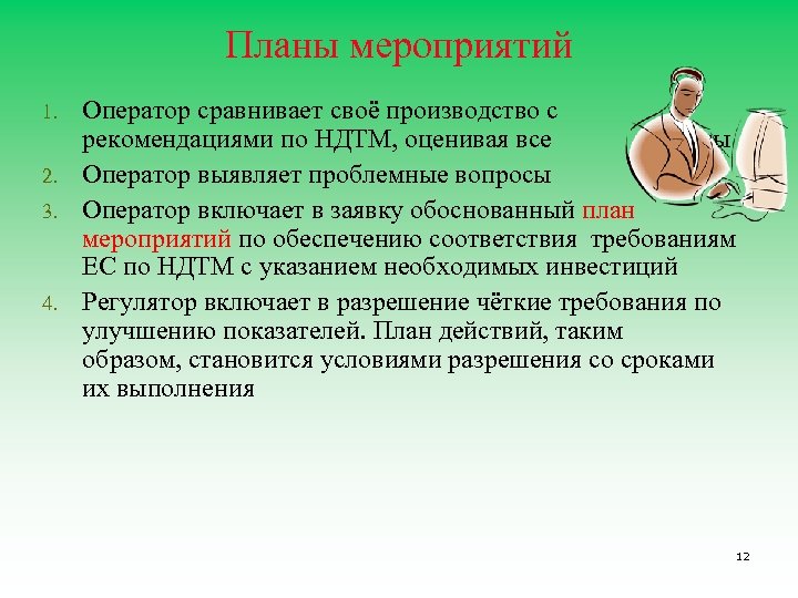 Планы мероприятий 1. 2. 3. 4. Оператор сравнивает своё производство с рекомендациями по НДТМ,
