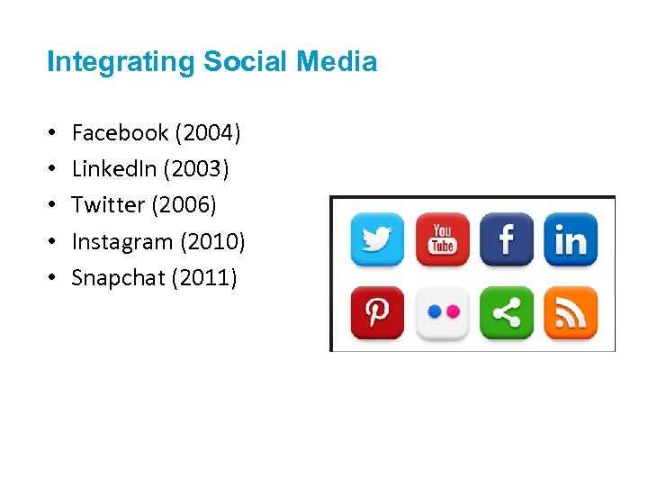 Integrating Social Media • • • Facebook (2004) Linked. In (2003) Twitter (2006) Instagram