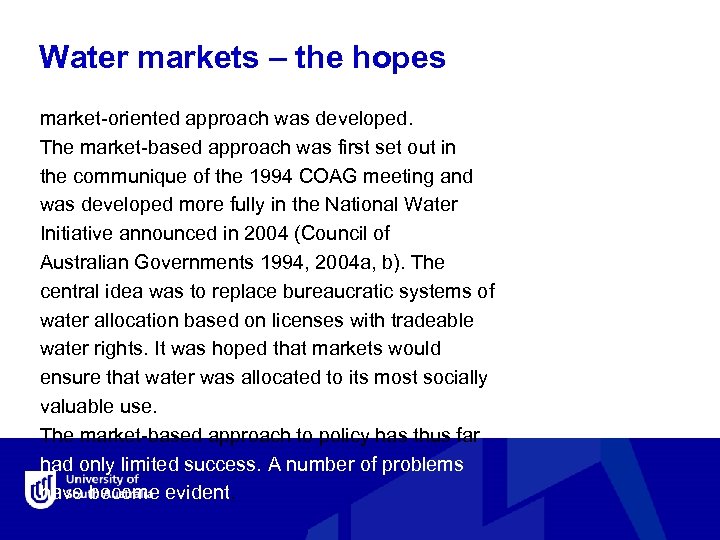 Water markets – the hopes market-oriented approach was developed. The market-based approach was first