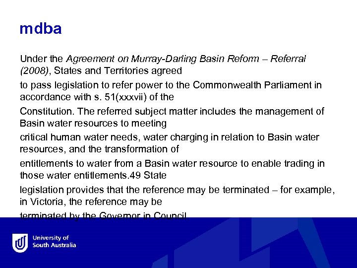 mdba Under the Agreement on Murray-Darling Basin Reform – Referral (2008), States and Territories