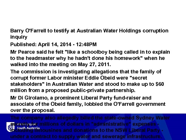 Barry O'Farrell to testify at Australian Water Holdings corruption inquiry Published: April 14, 2014