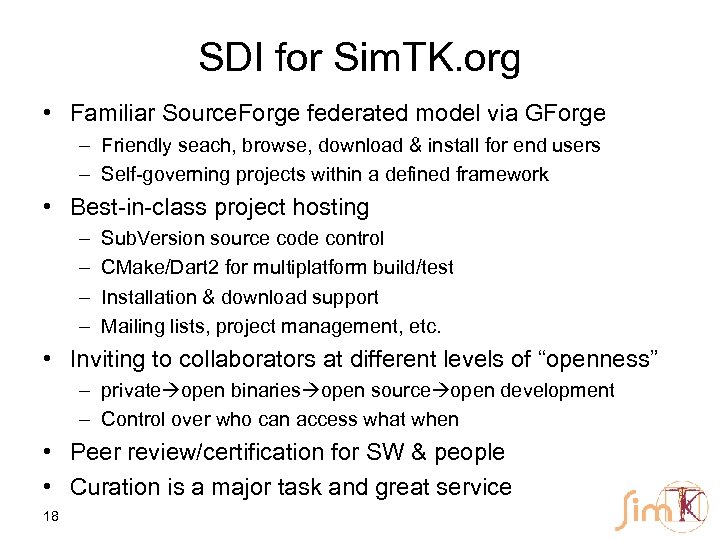 SDI for Sim. TK. org • Familiar Source. Forge federated model via GForge –