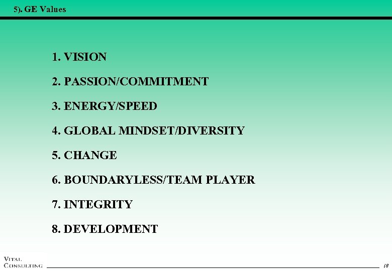 5). GE Values 1. VISION 2. PASSION/COMMITMENT 3. ENERGY/SPEED 4. GLOBAL MINDSET/DIVERSITY 5. CHANGE