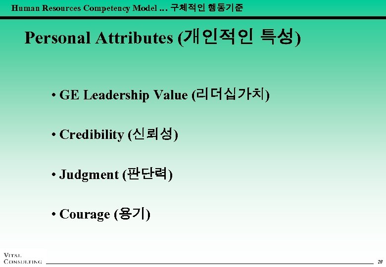 Human Resources Competency Model … 구체적인 행동기준 Personal Attributes (개인적인 특성) • GE Leadership