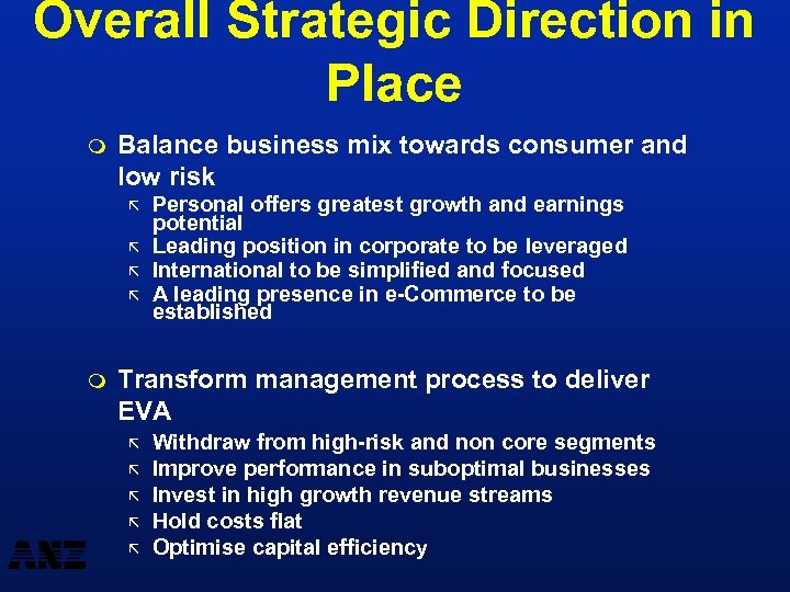 Overall Strategic Direction in Place m Balance business mix towards consumer and low risk