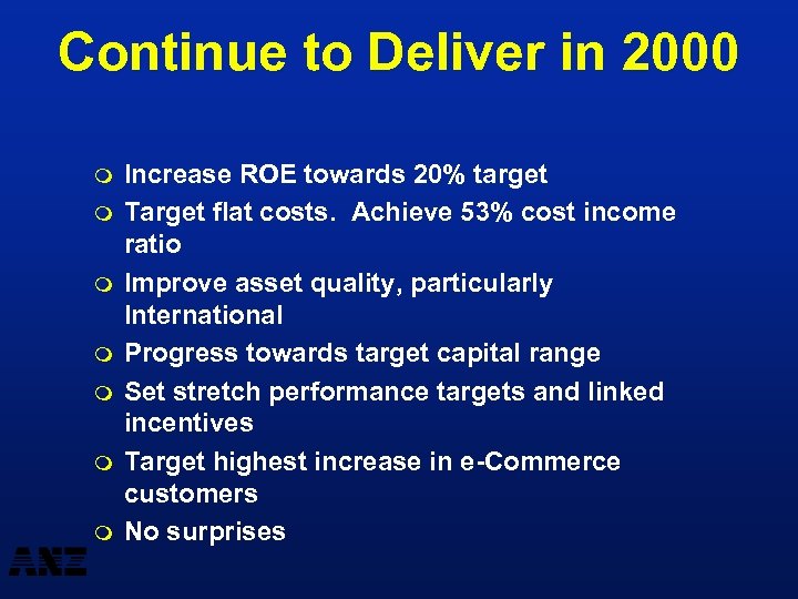 Continue to Deliver in 2000 m m m m Increase ROE towards 20% target