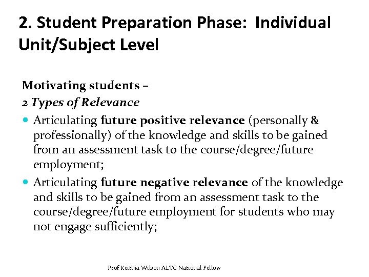 2. Student Preparation Phase: Individual Unit/Subject Level Motivating students – 2 Types of Relevance