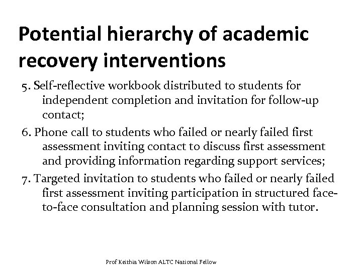 Potential hierarchy of academic recovery interventions 5. Self-reflective workbook distributed to students for independent