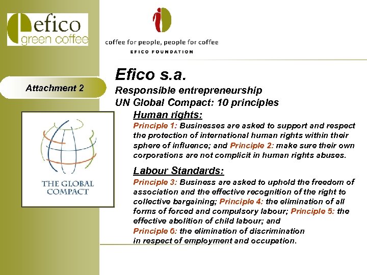 Attachment 2 Efico s. a. Responsible entrepreneurship UN Global Compact: 10 principles Human rights: