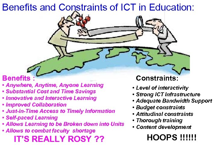 Benefits and Constraints of ICT in Education: Benefits : • Anywhere, Anytime, Anyone Learning