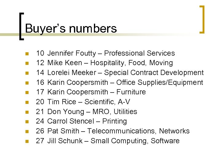 Buyer’s numbers n n n n n 10 12 14 16 17 20 21