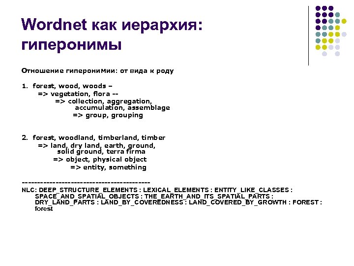 Wordnet как иерархия: гиперонимы Отношение гиперонимии: от вида к роду 1. forest, woods –