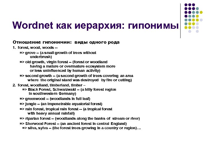 Wordnet как иерархия: гипонимы Отношение гипонимии: виды одного рода 1. forest, woods -- =>