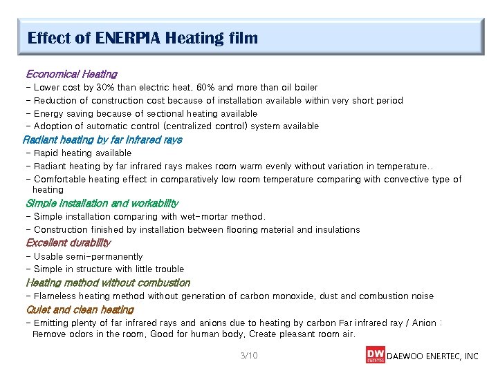 Effect of ENERPIA Heating film Economical Heating - Lower cost by 30% than electric