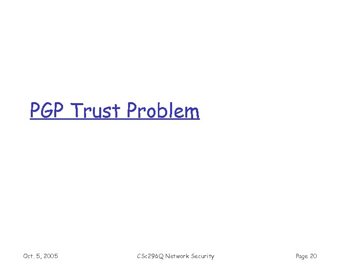PGP Trust Problem Oct. 5, 2005 CSc 296 Q Network Security Page 20 