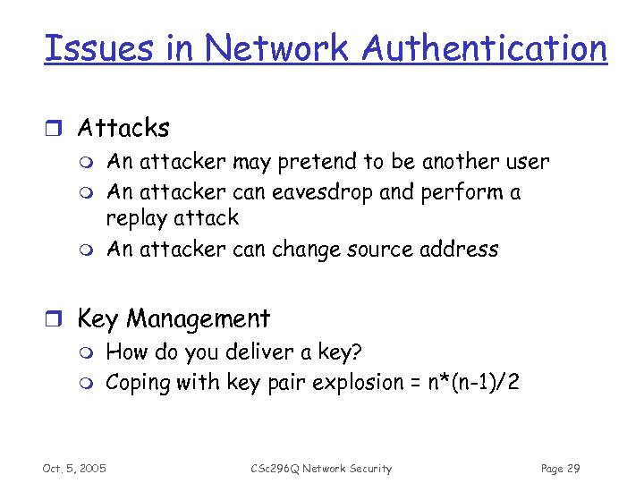 Issues in Network Authentication r Attacks m An attacker may pretend to be another