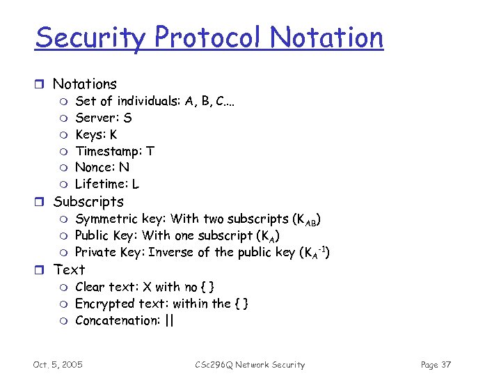 Security Protocol Notation r Notations m Set of individuals: A, B, C…. m Server: