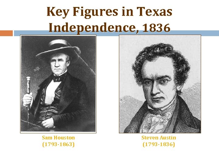 Key Figures in Texas Independence, 1836 Sam Houston (1793 -1863) Steven Austin (1793 -1836)