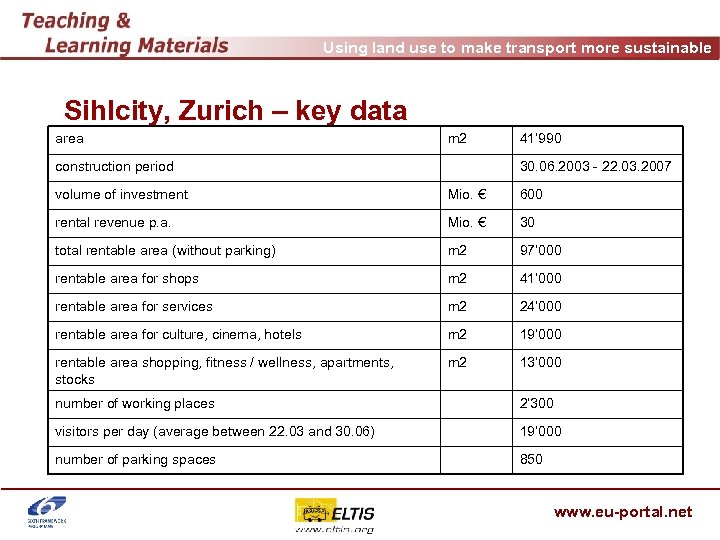 Using land use to make transport more sustainable Sihlcity, Zurich – key data area