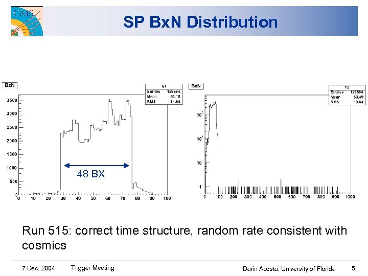 SP Bx. N Distribution 48 BX Run 515: correct time structure, random rate consistent