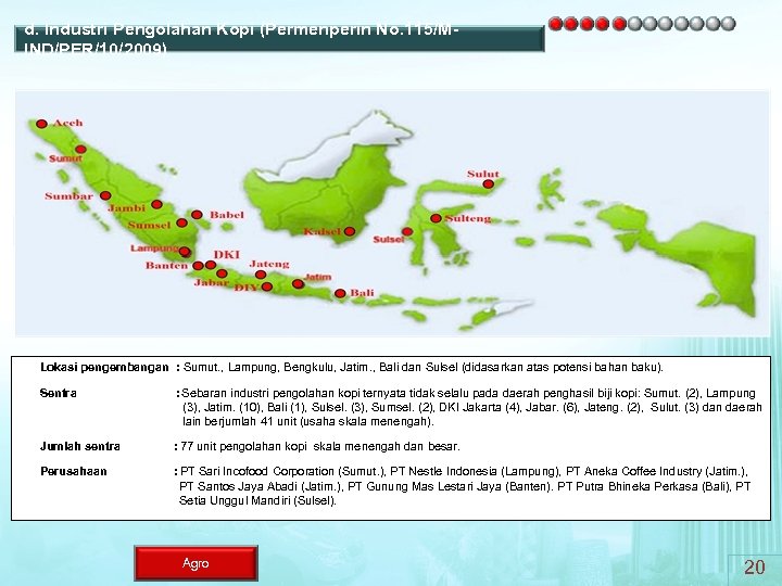d. Industri Pengolahan Kopi (Permenperin No. 115/MIND/PER/10/2009) Lokasi pengembangan : Sumut. , Lampung, Bengkulu,