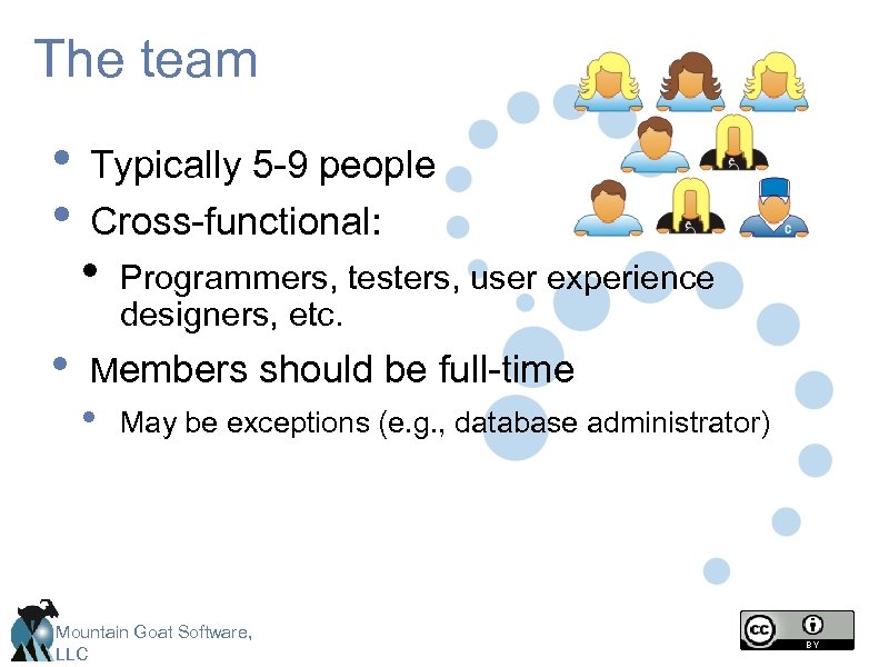 The team • • • Typically 5 -9 people Cross-functional: • Programmers, testers, user