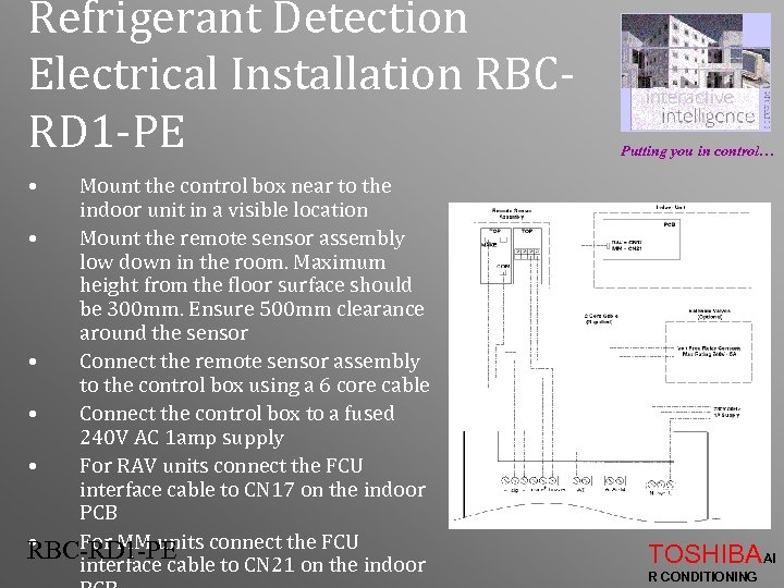 Refrigerant Detection Electrical Installation RBCRD 1 -PE Putting you in control… • Mount the