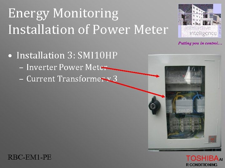 Energy Monitoring Installation of Power Meter Putting you in control… • Installation 3: SMI