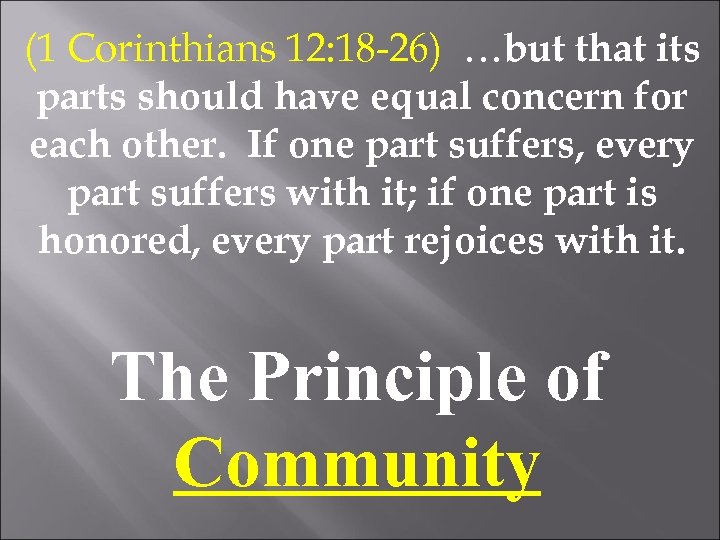 (1 Corinthians 12: 18 -26) …but that its parts should have equal concern for