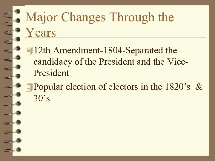 Major Changes Through the Years 4 12 th Amendment-1804 -Separated the candidacy of the
