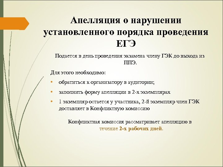Апелляция о нарушении установленного порядка проведения ЕГЭ Подается в день проведения экзамена члену ГЭК