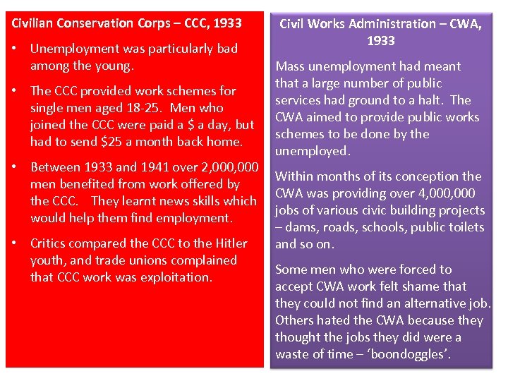 Civilian Conservation Corps – CCC, 1933 • Unemployment was particularly bad among the young.