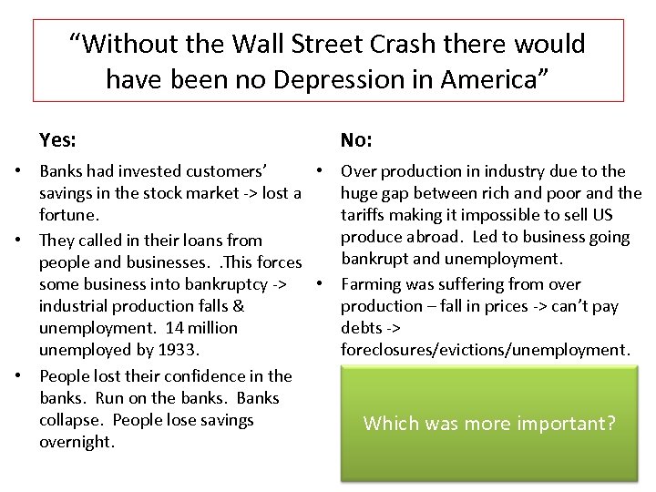 “Without the Wall Street Crash there would have been no Depression in America” Yes: