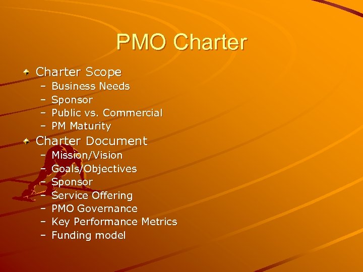 PMO Charter Scope – – Business Needs Sponsor Public vs. Commercial PM Maturity Charter