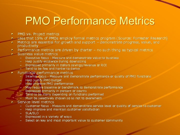 PMO Performance Metrics PMO vs. Project metrics Less that 15% of PMOs employ formal