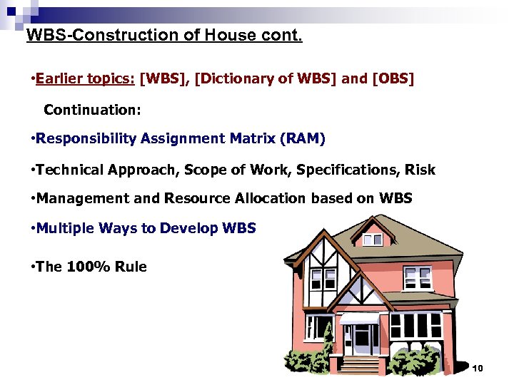 WBS-Construction of House cont. • Earlier topics: [WBS], [Dictionary of WBS] and [OBS] Continuation: