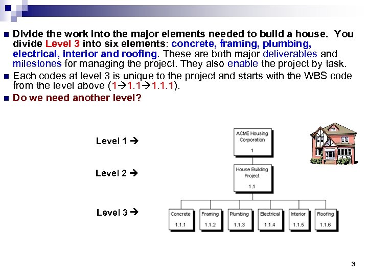 n n n Divide the work into the major elements needed to build a