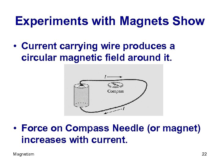 Experiments with Magnets Show • Current carrying wire produces a circular magnetic field around
