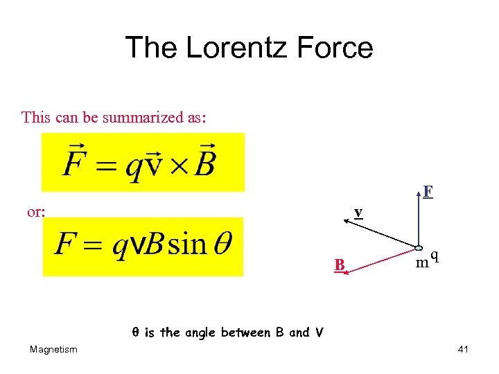 The Lorentz Force This can be summarized as: F or: v B mq q