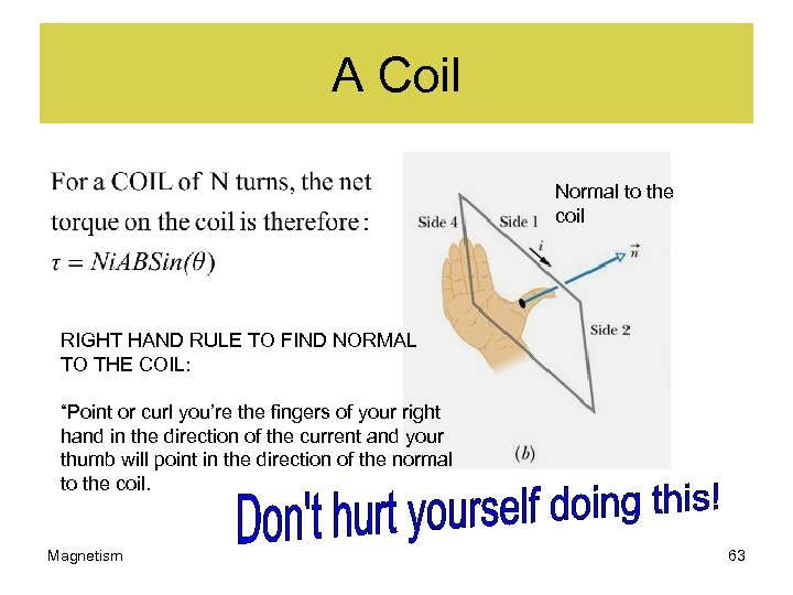 A Coil Normal to the coil RIGHT HAND RULE TO FIND NORMAL TO THE