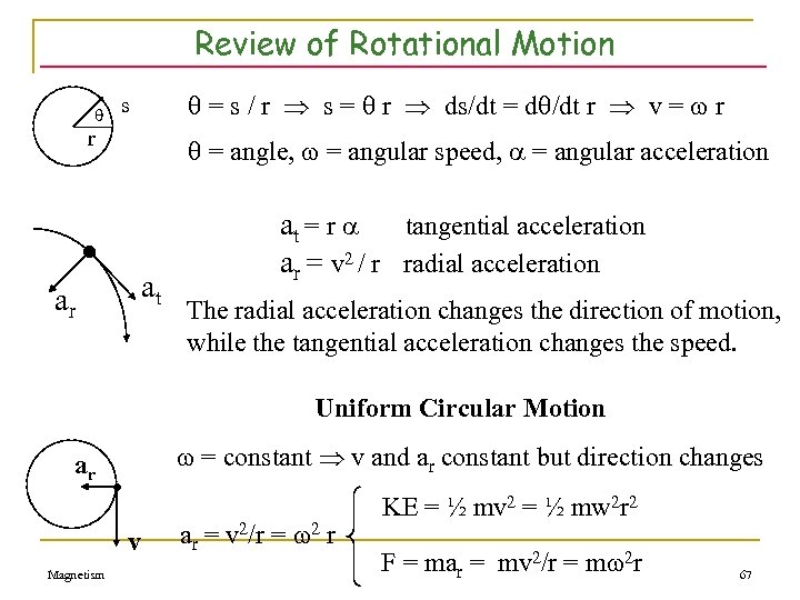 Review of Rotational Motion = s / r s = r ds/dt = d