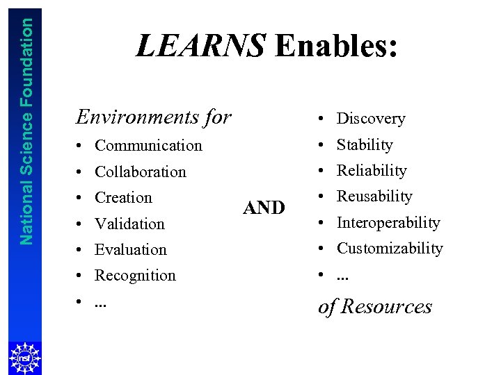 National Science Foundation LEARNS Enables: Environments for • Discovery • Communication • Stability •