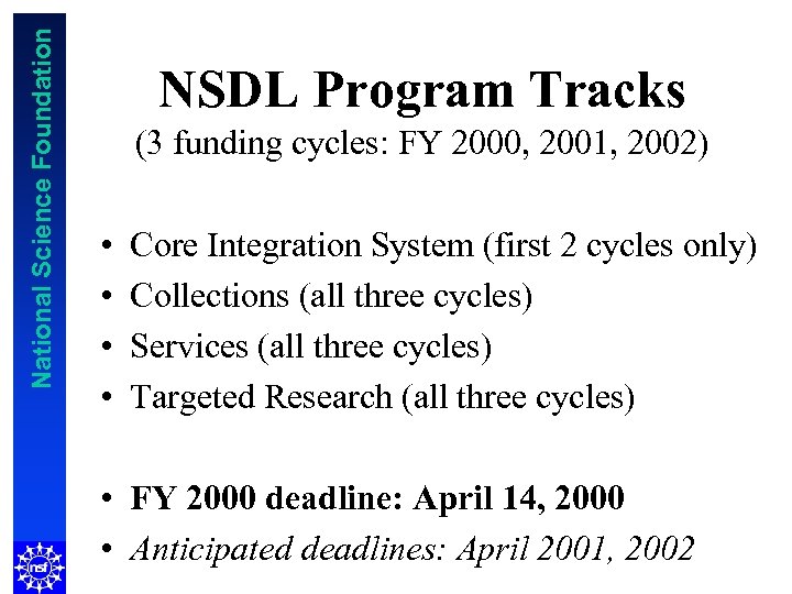 National Science Foundation NSDL Program Tracks (3 funding cycles: FY 2000, 2001, 2002) •