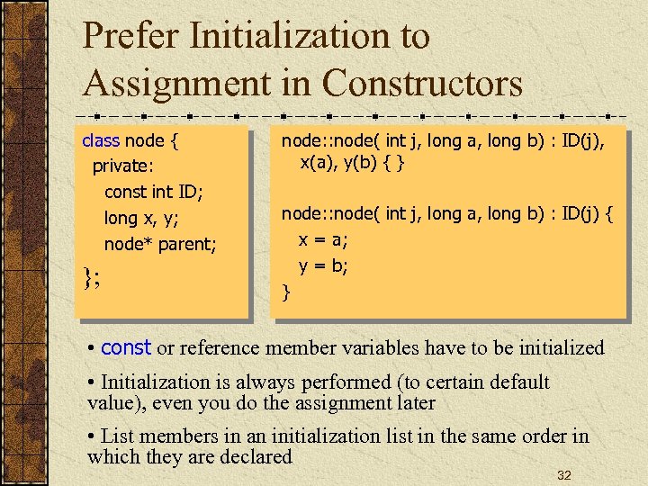 Prefer Initialization to Assignment in Constructors class node { private: const int ID; long