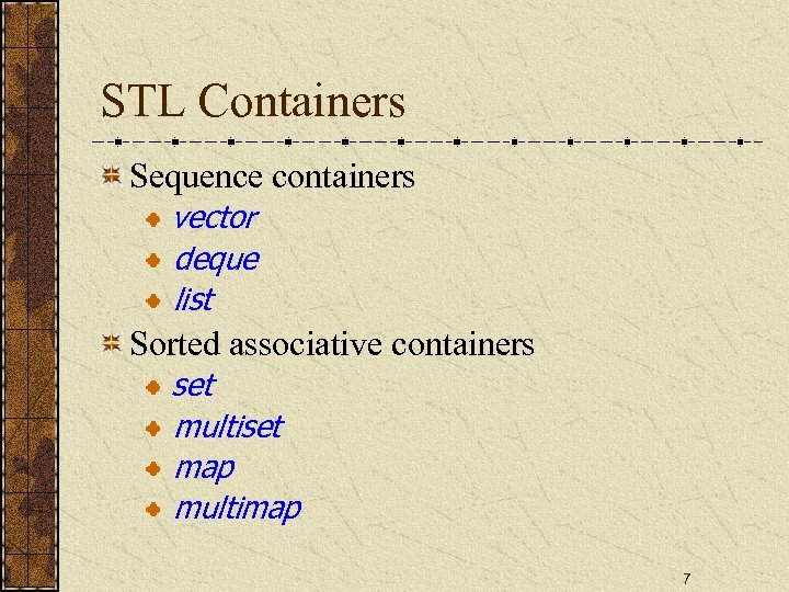 STL Containers Sequence containers vector deque list Sorted associative containers set multiset map multimap