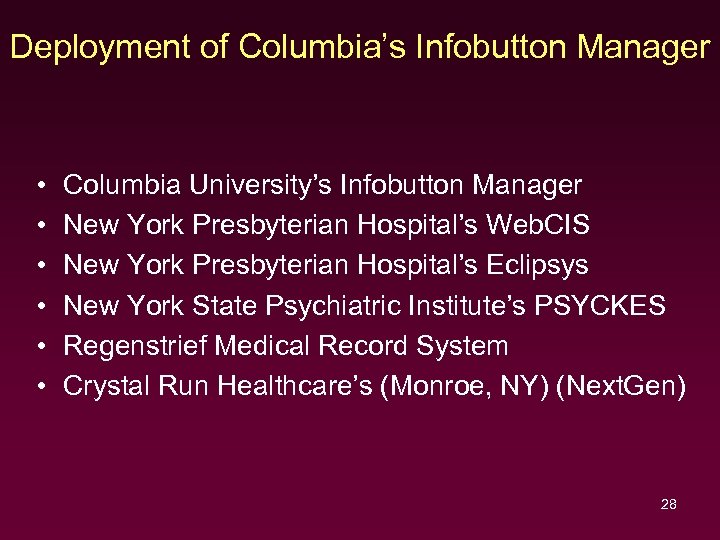 Deployment of Columbia’s Infobutton Manager • • • Columbia University’s Infobutton Manager New York