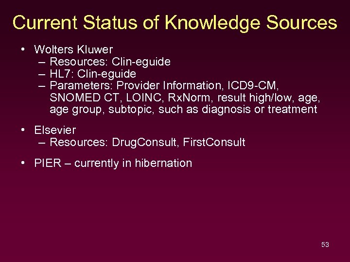 Current Status of Knowledge Sources • Wolters Kluwer – Resources: Clin-eguide – HL 7: