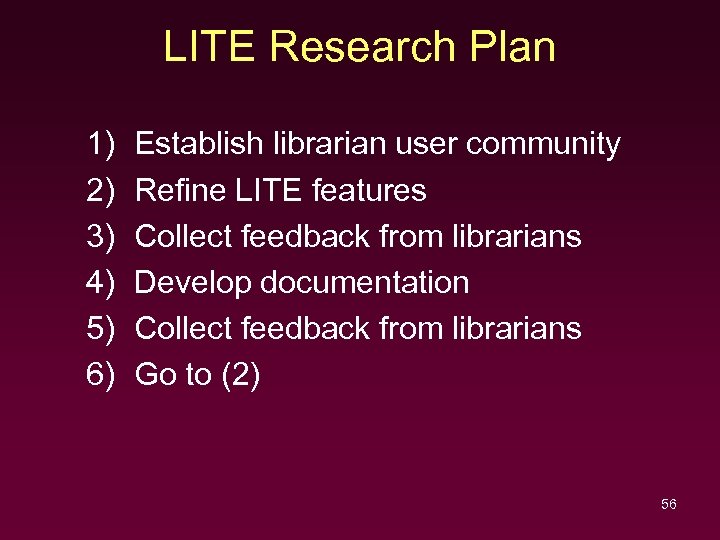 LITE Research Plan 1) 2) 3) 4) 5) 6) Establish librarian user community Refine