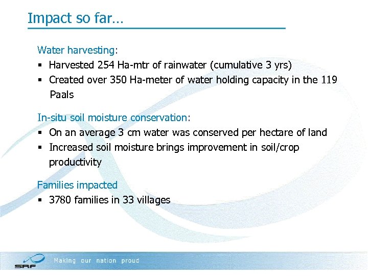 Impact so far… Water harvesting: § Harvested 254 Ha-mtr of rainwater (cumulative 3 yrs)